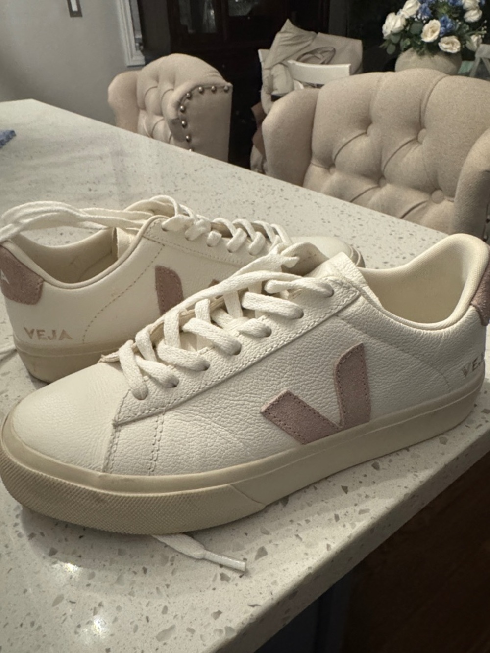 Veja Women's Leather Sneakers in White with Blush V